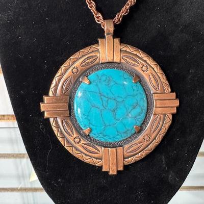 VINTAGE BELL TRADING POST COPPER NECKLACE WITH LARGE FAUX TURQUOISE PENDANT