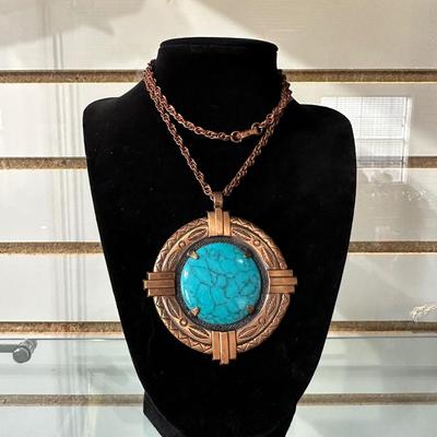 VINTAGE BELL TRADING POST COPPER NECKLACE WITH LARGE FAUX TURQUOISE PENDANT