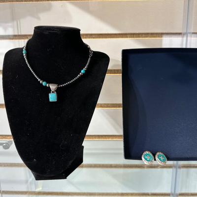 STERLING SILVER AND TURQUOISE NECKLACE W/PENDANT PLUS PIERCED EARRINGS