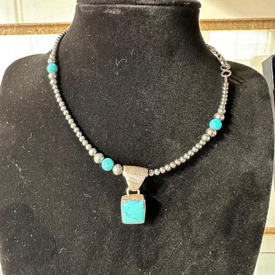 STERLING SILVER AND TURQUOISE NECKLACE W/PENDANT PLUS PIERCED EARRINGS