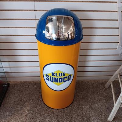 METAL BLUE SUNOCO SWING LID TRASH CAN WITH METAL LINER