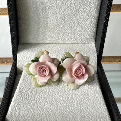 VINTAGE DARK FUCHSIA RED AND PINK RHINESTONE CLIP-ON EARRINGS AND VINTAGE PORCELAIN PINK ROSE CLIP-ON EARRINGS