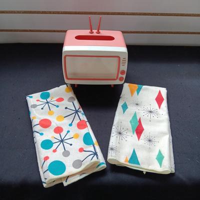 RETRO MATERIAL DISH TOWELS AND TV KLEENEX BOX THAT HOLDS A CELL PHONE FOR WATCHING YOUR FAVORITE VIDEOS