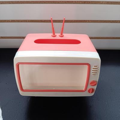 RETRO MATERIAL DISH TOWELS AND TV KLEENEX BOX THAT HOLDS A CELL PHONE FOR WATCHING YOUR FAVORITE VIDEOS