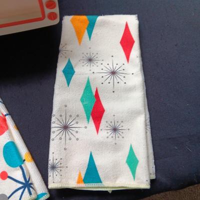 RETRO MATERIAL DISH TOWELS AND TV KLEENEX BOX THAT HOLDS A CELL PHONE FOR WATCHING YOUR FAVORITE VIDEOS