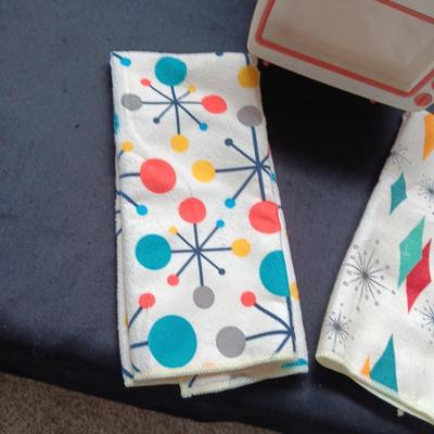 RETRO MATERIAL DISH TOWELS AND TV KLEENEX BOX THAT HOLDS A CELL PHONE FOR WATCHING YOUR FAVORITE VIDEOS