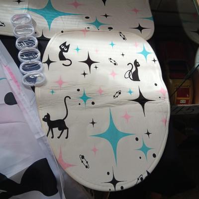 RETRO MATERIAL BATHROOM RUGS, SHOWER CURTAIN AND RINGS