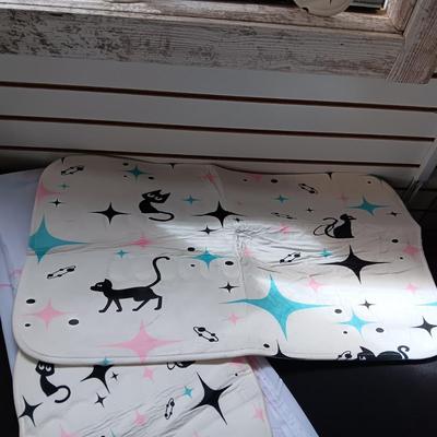 RETRO MATERIAL BATHROOM RUGS, SHOWER CURTAIN AND RINGS