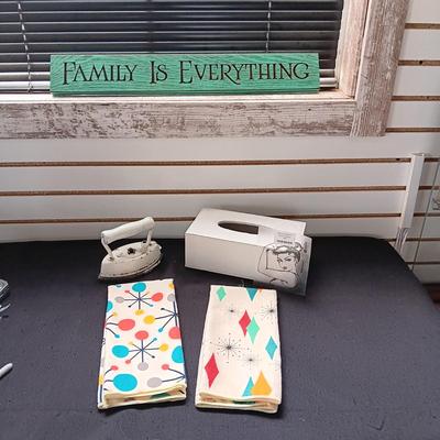 2 RETRO LOOK DISH TOWELS, OLD IRON, WOODEN WALL HANGING WITH WORDS AND KLEENEX BOX