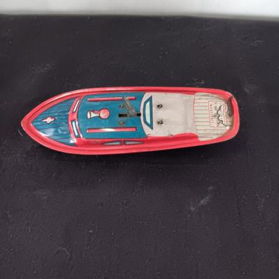 TIN WIND UP TOY BOAT AND TIN TAXI