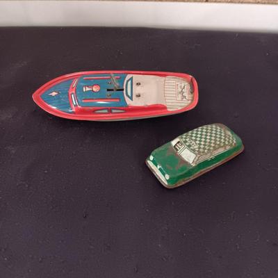 TIN WIND UP TOY BOAT AND TIN TAXI