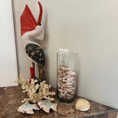 Carved Wooden Pelican, Seashells & More (LR-MG)