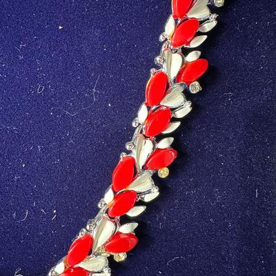 VINTAGE TRANSLUCENT RED LUCITE LEAVES/WHITE ENAMEL LEAVES/CLEAR RHINESTONES NECKLACE/CHOCKER AND VINTAGE LARGE ROUND RED AND RHINESTONE...