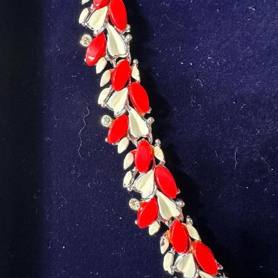 VINTAGE TRANSLUCENT RED LUCITE LEAVES/WHITE ENAMEL LEAVES/CLEAR RHINESTONES NECKLACE/CHOCKER AND VINTAGE LARGE ROUND RED AND RHINESTONE...