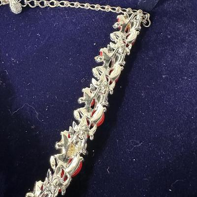 VINTAGE TRANSLUCENT RED LUCITE LEAVES/WHITE ENAMEL LEAVES/CLEAR RHINESTONES NECKLACE/CHOCKER AND VINTAGE LARGE ROUND RED AND RHINESTONE...