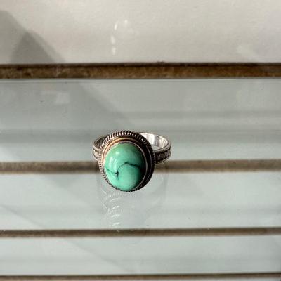 VINTAGE SILVER TWIST ROPE BRACELET/BANGLE AND RETRO STERLING SILVER OVAL CENTERED TURQUOISE RING