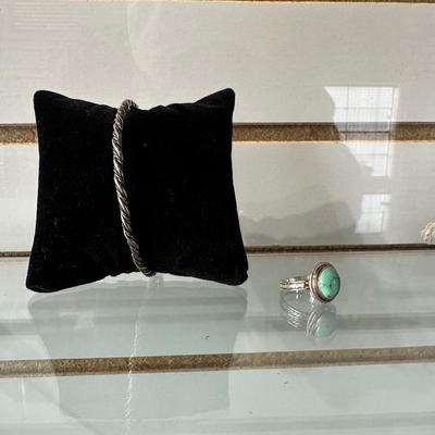 VINTAGE SILVER TWIST ROPE BRACELET/BANGLE AND RETRO STERLING SILVER OVAL CENTERED TURQUOISE RING