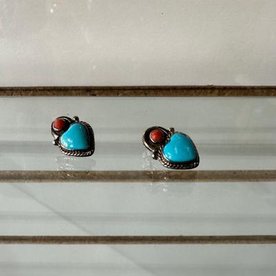 STERLING SILVER AND TURQUOISE PIERCED EARRINGS