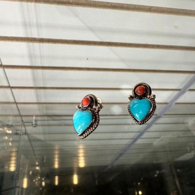 STERLING SILVER AND TURQUOISE PIERCED EARRINGS
