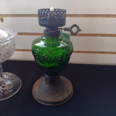 CLEAR FILIGREE AND GREEN GLASS OIL LAMPS