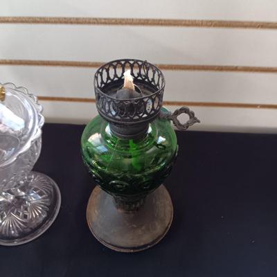 CLEAR FILIGREE AND GREEN GLASS OIL LAMPS