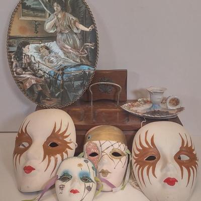 LOT 159D: Masquerade Masks, Jewelry Box, and Art Piece