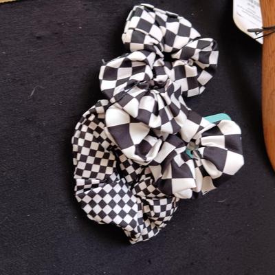 WOODEN INLAID HAND MIRROR, HAIR SCRUNCHIES AND LETTER OPENERS