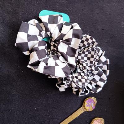 WOODEN INLAID HAND MIRROR, HAIR SCRUNCHIES AND LETTER OPENERS