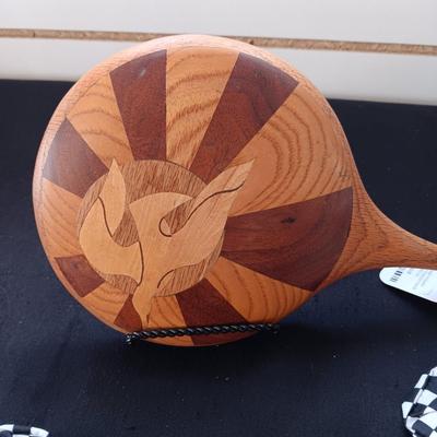 WOODEN INLAID HAND MIRROR, HAIR SCRUNCHIES AND LETTER OPENERS