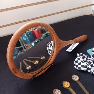 WOODEN INLAID HAND MIRROR, HAIR SCRUNCHIES AND LETTER OPENERS