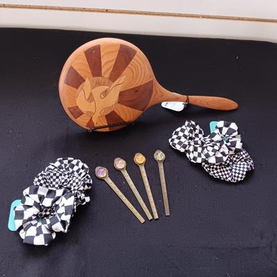 WOODEN INLAID HAND MIRROR, HAIR SCRUNCHIES AND LETTER OPENERS