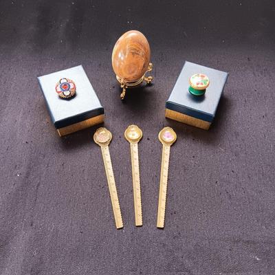 MOZAIC ITALIAN PIN, MARBLE EGG, LETTER OPENERS AND HALCYON DAYS ENAMEL TRINKET BOX