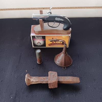 AUTO BRASS TIRE PRESSURE GAUGE, RAILROAD SPIKE AND NUT, DERRINGER LIGHTER AND FUNNEL