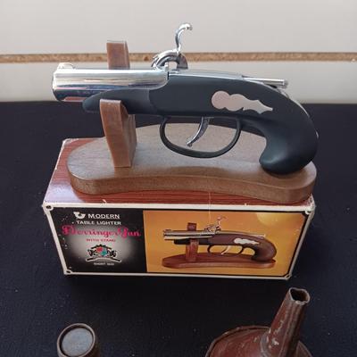 AUTO BRASS TIRE PRESSURE GAUGE, RAILROAD SPIKE AND NUT, DERRINGER LIGHTER AND FUNNEL