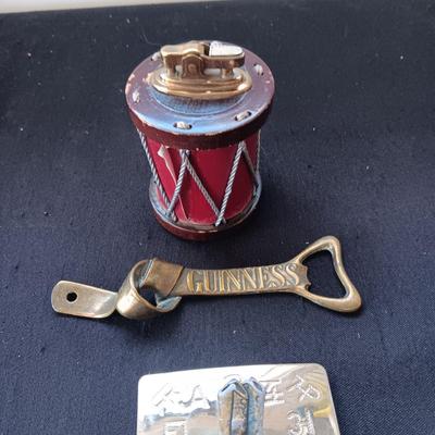 TABLE LIGHTER, BRASS BOTTLE OPENER, BELT BUCKLE AND SLIDING MEASURE
