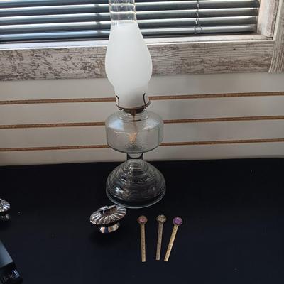 GLASS OIL LAMP, LETTER OPENERS AND TABLE LIGHTER