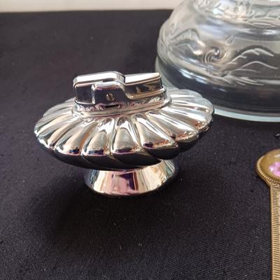 GLASS OIL LAMP, LETTER OPENERS AND TABLE LIGHTER