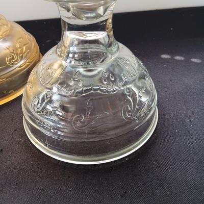 AMBER AND CLEAR GLASS OIL LAMPS