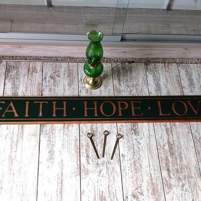 GREEN GLASS OIL LAMP, WALL SIGN AND LETTER OPENERS