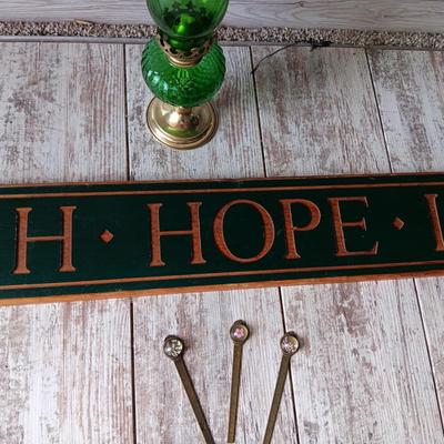 GREEN GLASS OIL LAMP, WALL SIGN AND LETTER OPENERS