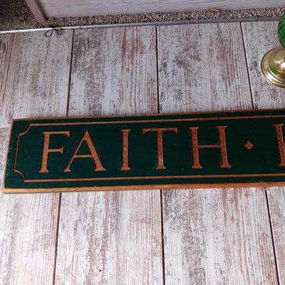 GREEN GLASS OIL LAMP, WALL SIGN AND LETTER OPENERS