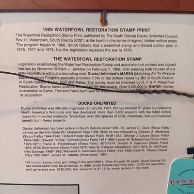 SIGNED 'MILLETTE" DUCKS UNLIMITED STAMP AND FRAMED PICTURE PLUS A VINYL ALBUM