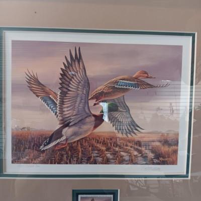 SIGNED 'MILLETTE" DUCKS UNLIMITED STAMP AND FRAMED PICTURE PLUS A VINYL ALBUM