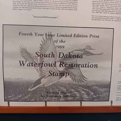 SIGNED 'MILLETTE" DUCKS UNLIMITED STAMP AND FRAMED PICTURE PLUS A VINYL ALBUM