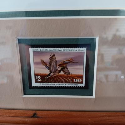 SIGNED 'MILLETTE" DUCKS UNLIMITED STAMP AND FRAMED PICTURE PLUS A VINYL ALBUM