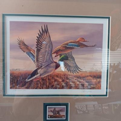 SIGNED 'MILLETTE" DUCKS UNLIMITED STAMP AND FRAMED PICTURE PLUS A VINYL ALBUM