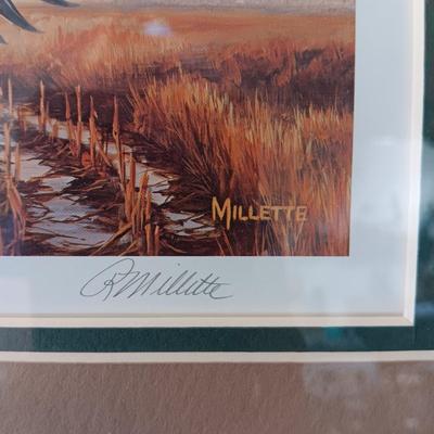 SIGNED 'MILLETTE" DUCKS UNLIMITED STAMP AND FRAMED PICTURE PLUS A VINYL ALBUM