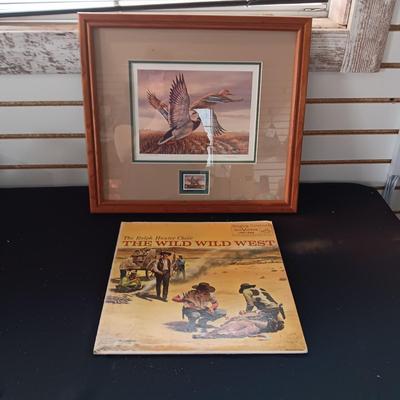 SIGNED 'MILLETTE" DUCKS UNLIMITED STAMP AND FRAMED PICTURE PLUS A VINYL ALBUM