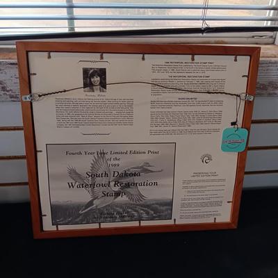 SIGNED 'MILLETTE" DUCKS UNLIMITED STAMP AND FRAMED PICTURE PLUS A VINYL ALBUM