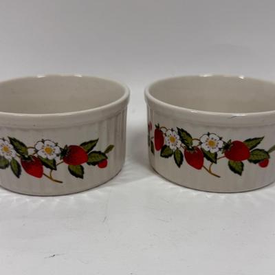 Pair of Vintage Sheffield Strawberries N Cream Souffle Baking Dishes Ramekins Japan